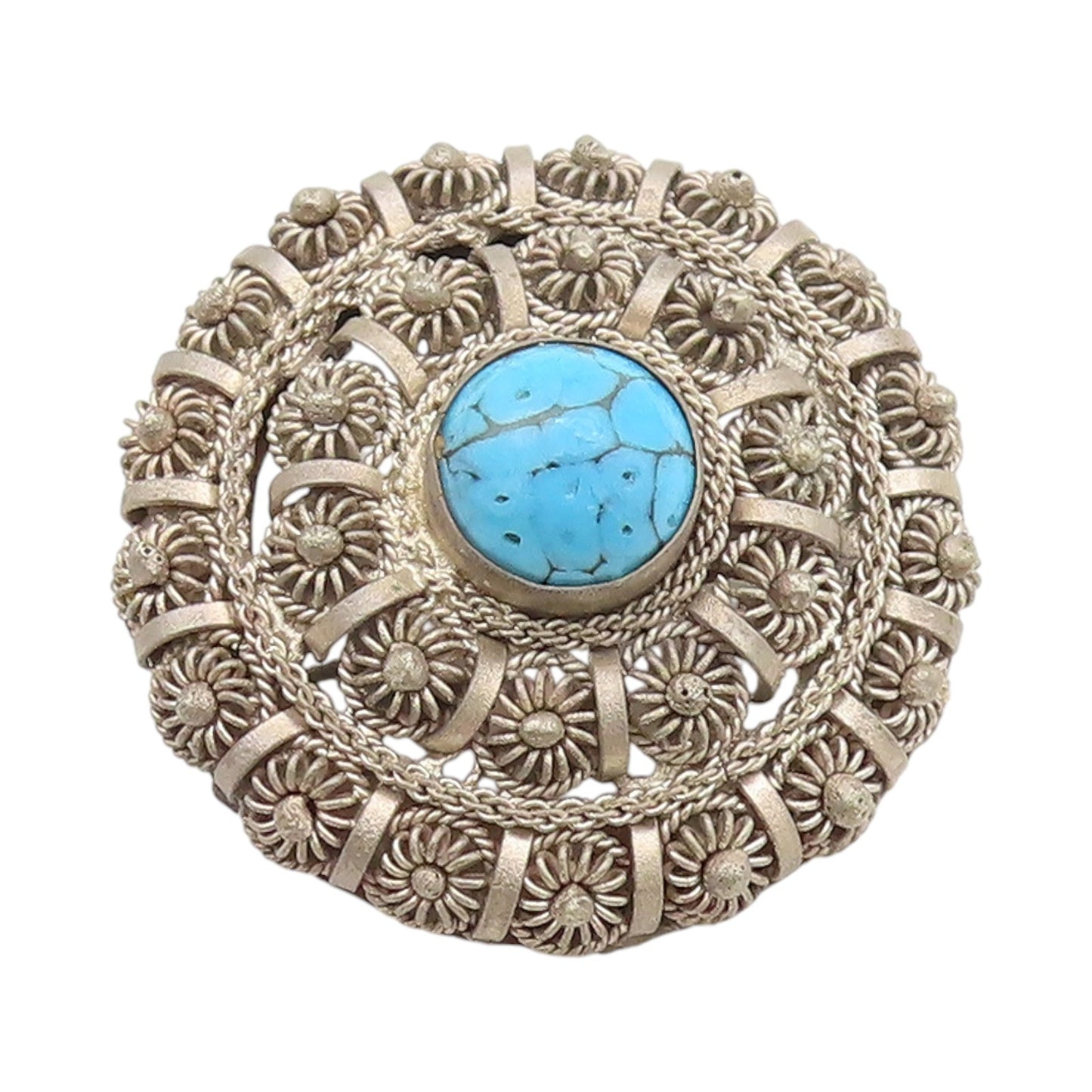 925 Sterling Silver Vintage Brooch Antique Turquoise Wire Work Flowers  BP11678
