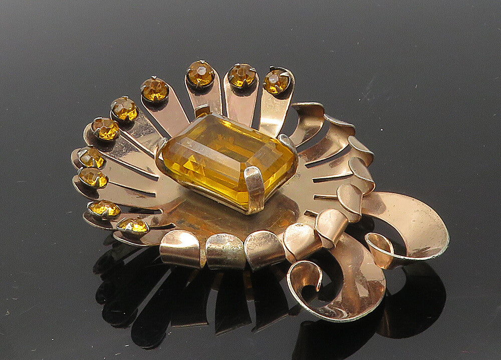 BROCKRAFT 925 Silver  Vintage Citrine Copper Tone Floral Brooch Pin  BP4128