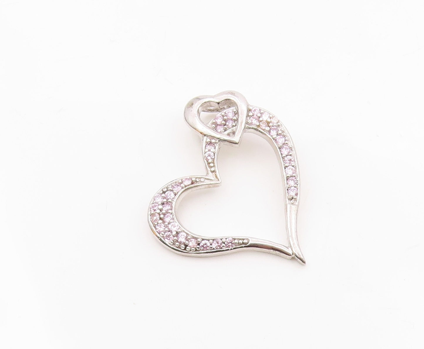 925 Sterling Silver  Vintage Pink Topaz Open Love Heart Pendant  PT14620