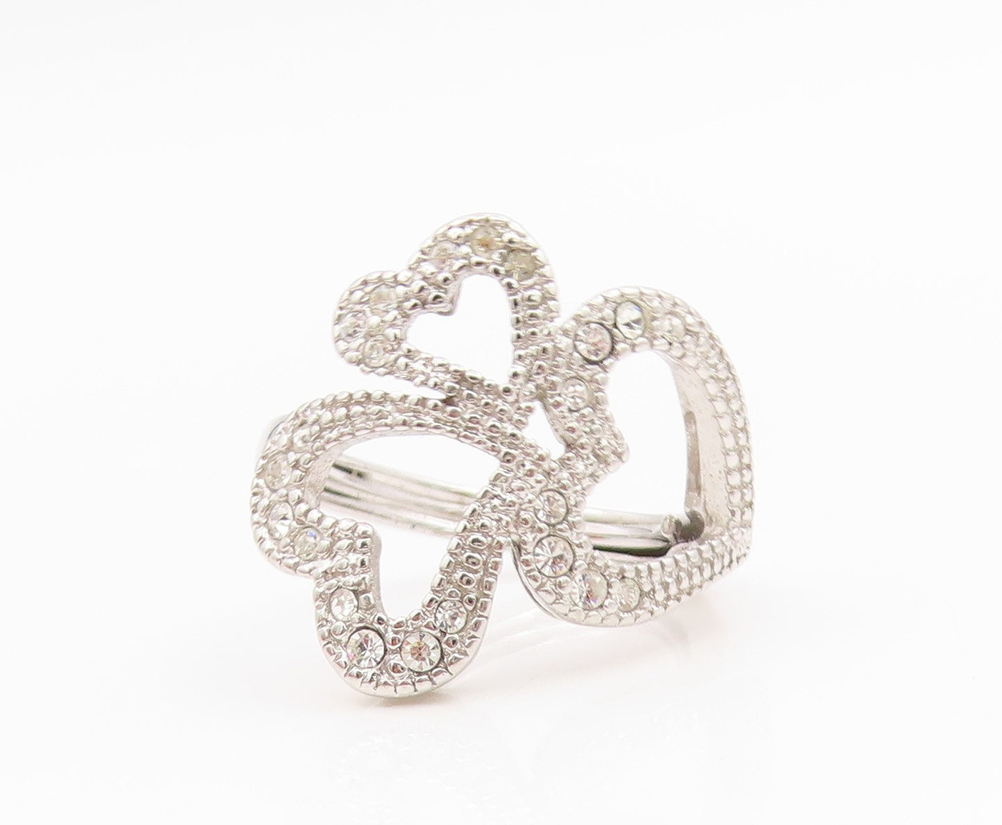 925 Sterling Silver Vintage Ring CZ Intertwined Triple Love Heart  Sz 7  RG34624