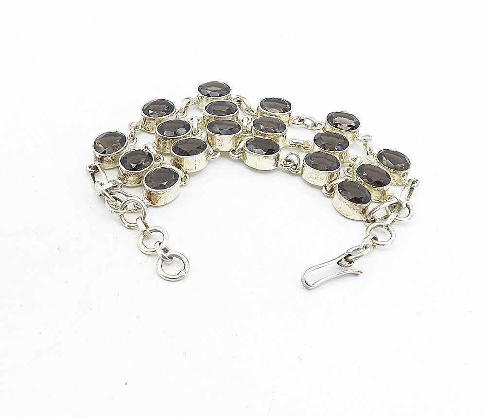 925 Sterling Silver  Faceted Smoky Topaz Shiny 3 Row Chain Bracelet  BT3296