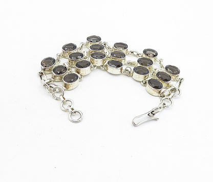 925 Sterling Silver  Faceted Smoky Topaz Shiny 3 Row Chain Bracelet  BT3296