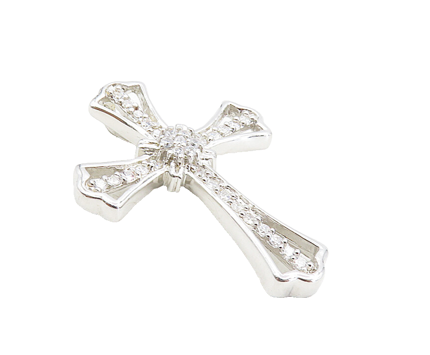 925 Sterling Silver  Shiny White Topaz Floral Religious Cross Pendant  PT6491