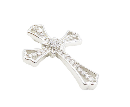 925 Sterling Silver  Shiny White Topaz Floral Religious Cross Pendant  PT6491