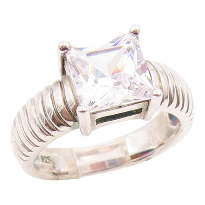 925 Sterling Silver Vintage Ring Square Cut CZ Ribbed Band  Sz 7.5  RG35630