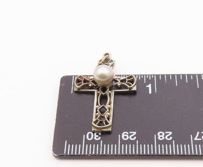 925 Silver  Vintage Openwork Religious Cross Fresh Water Pearl Pendant PT21319