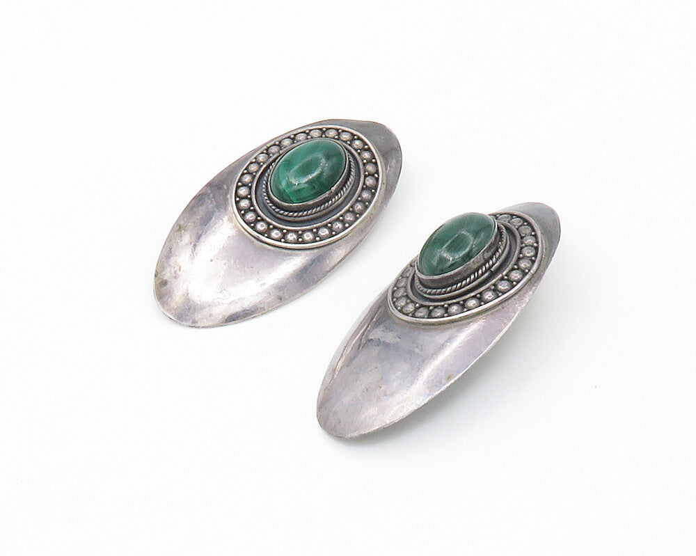 925 Sterling Silver   Vintage Cabochon Cut Malachite Drop Earrings  EG7455