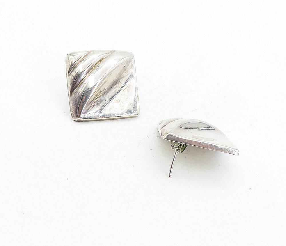 925 Sterling Silver  Vintage Shiny Fluted Detail Square Drop Earrings  EG4045