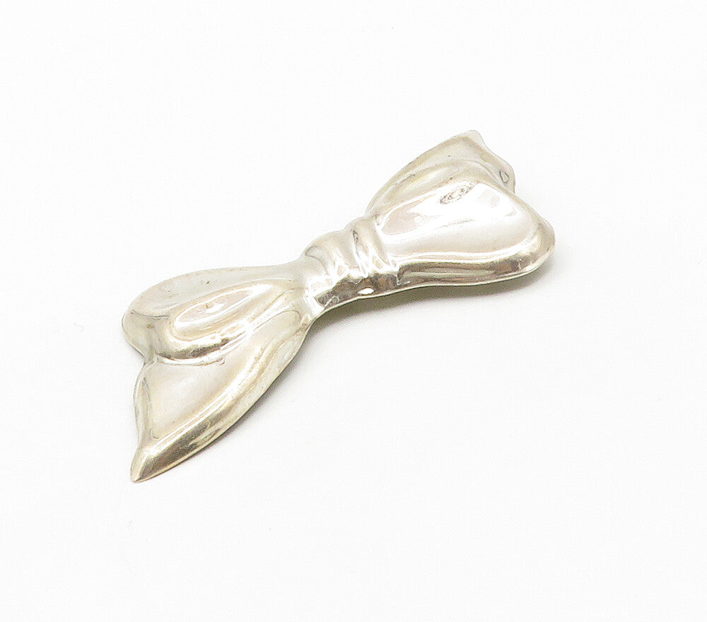 MEXICO 925 Silver  Vintage Shiny Hollow Bow Tied Ribbon Brooch Pin  BP6236