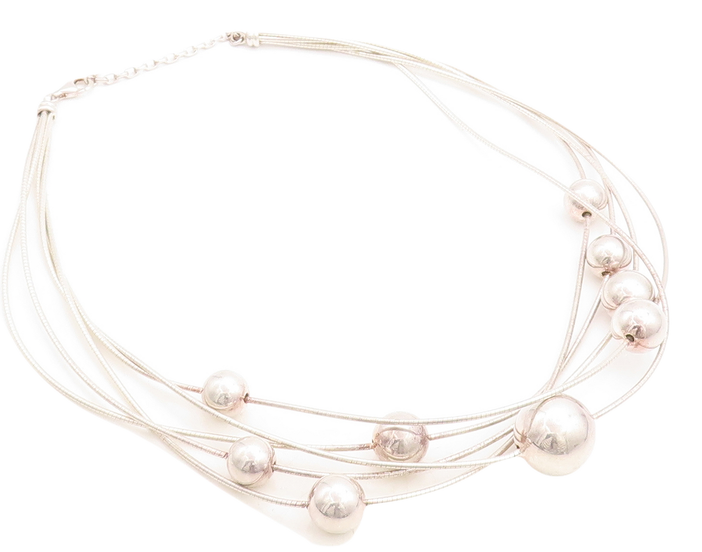 925 Sterling Silver  Vintage Shiny Hollow Spheres Thin Chain Necklace  NE1337