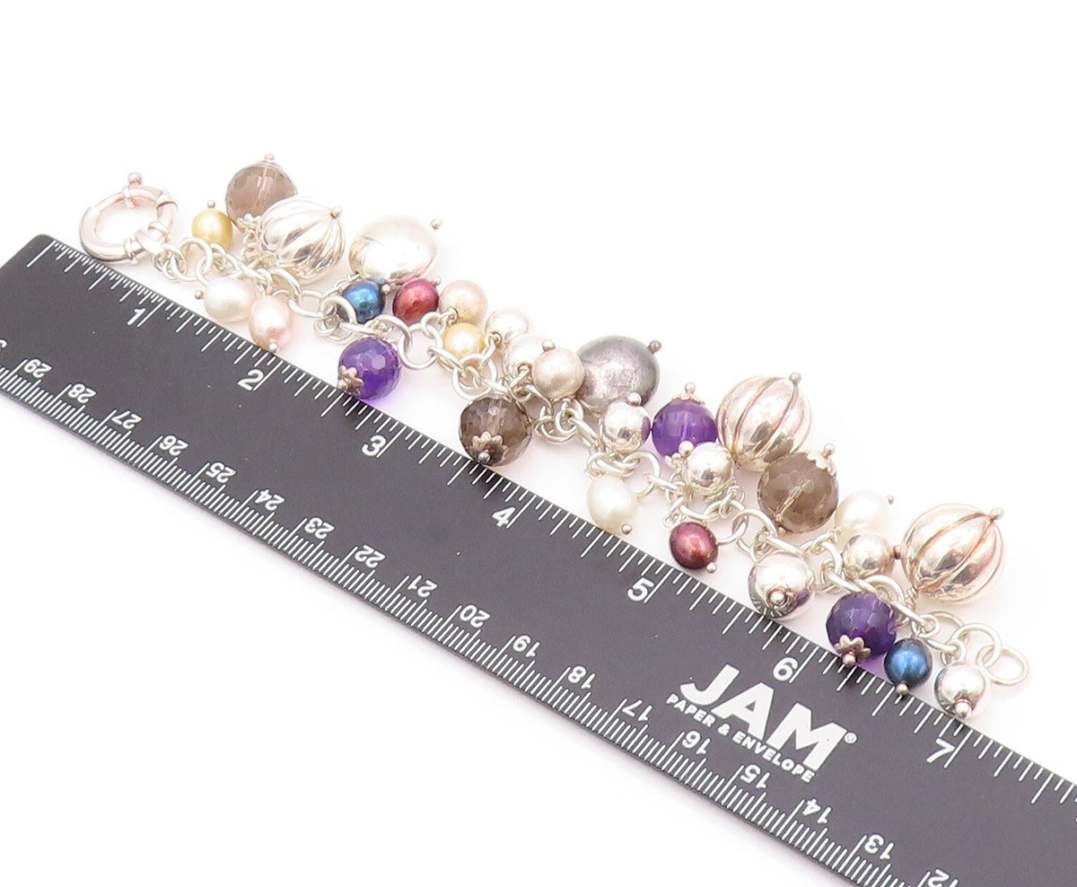 925 Sterling Silver Vintage Bracelet Designer Pearls Amethyst Gemstones  BT11155