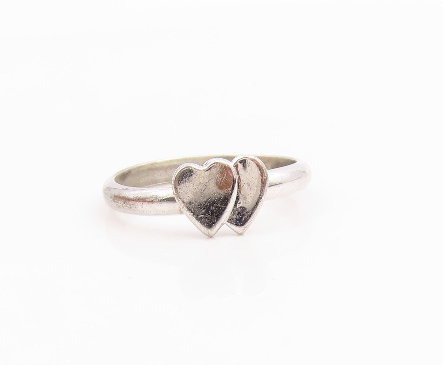 925 Sterling Silver Vintage Ring Minimalist Double Love Heart  Sz 5.5  RG35581