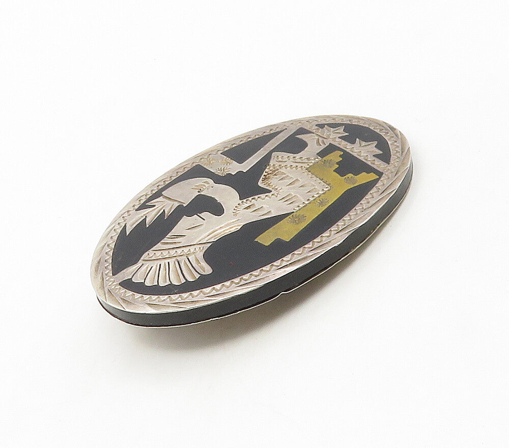 MEXICO 925 Silver  Vintage Black Onyx 2 Tone Etched Figure Brooch Pin  BP6175