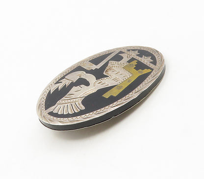 MEXICO 925 Silver  Vintage Black Onyx 2 Tone Etched Figure Brooch Pin  BP6175