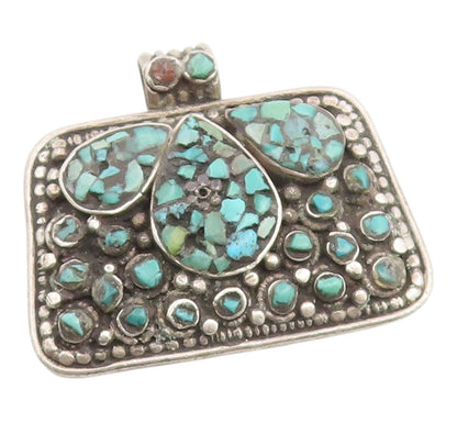 925 Sterling Silver Vintage Pendant Classic Crushed Turquoise Inlay  PT26237