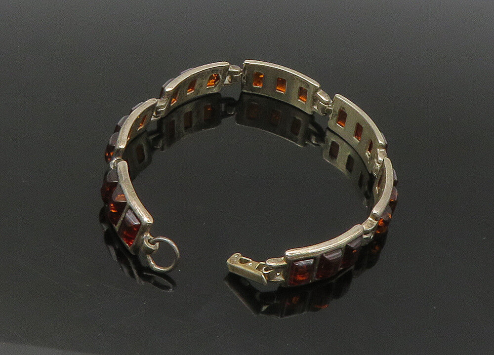 925 Sterling Silver  Vintage Amber Dark Tone Bar Link Chain Bracelet  BT8773