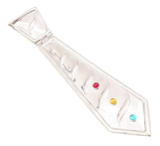 925 Sterling Silver Vintage Brooch Pin Multi Color Cabochon CZ Tie   BP10927