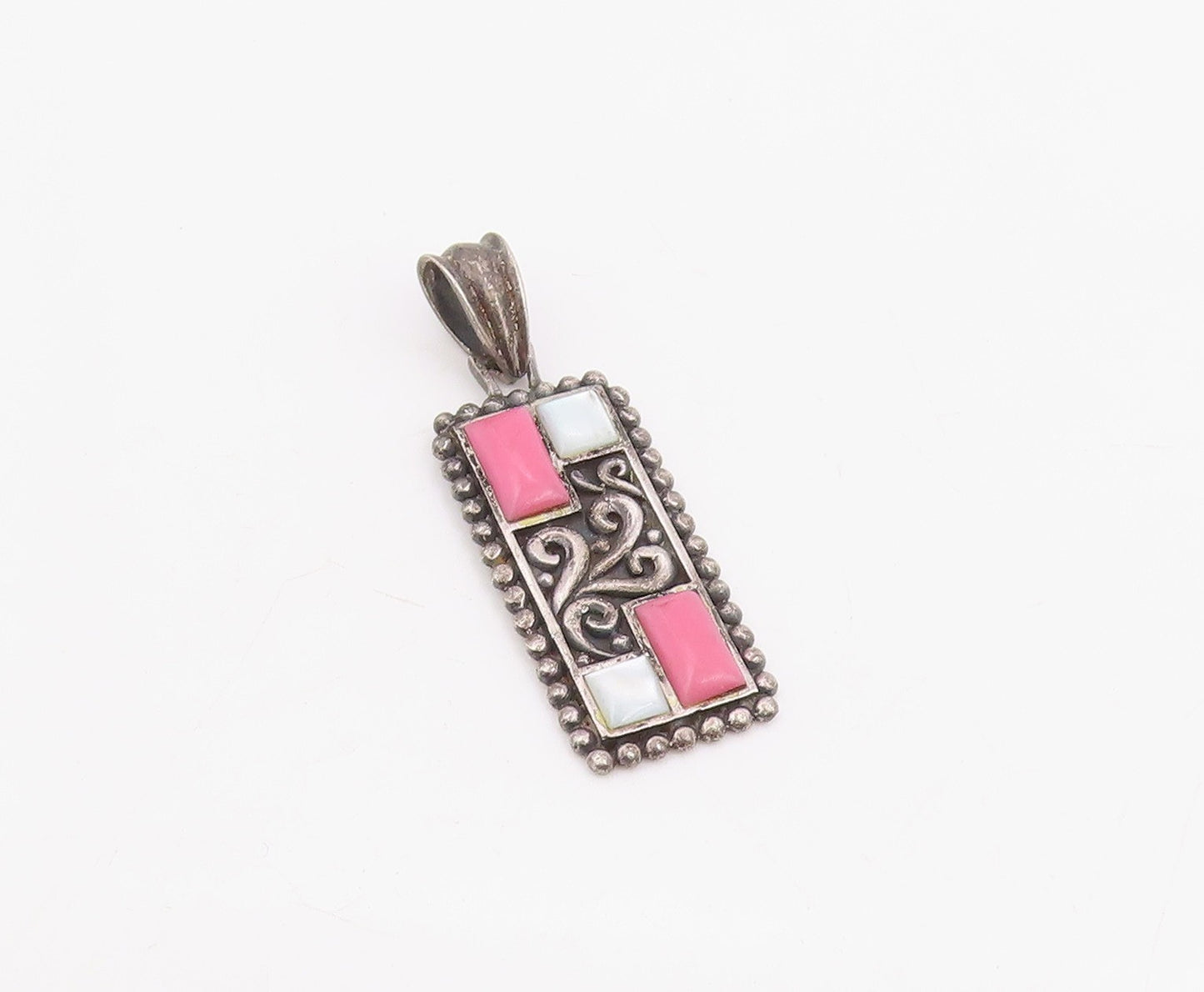 925 Sterling Silver Vintage Pendant Mother Of Pearl & Opal Scrollwork  PT25870