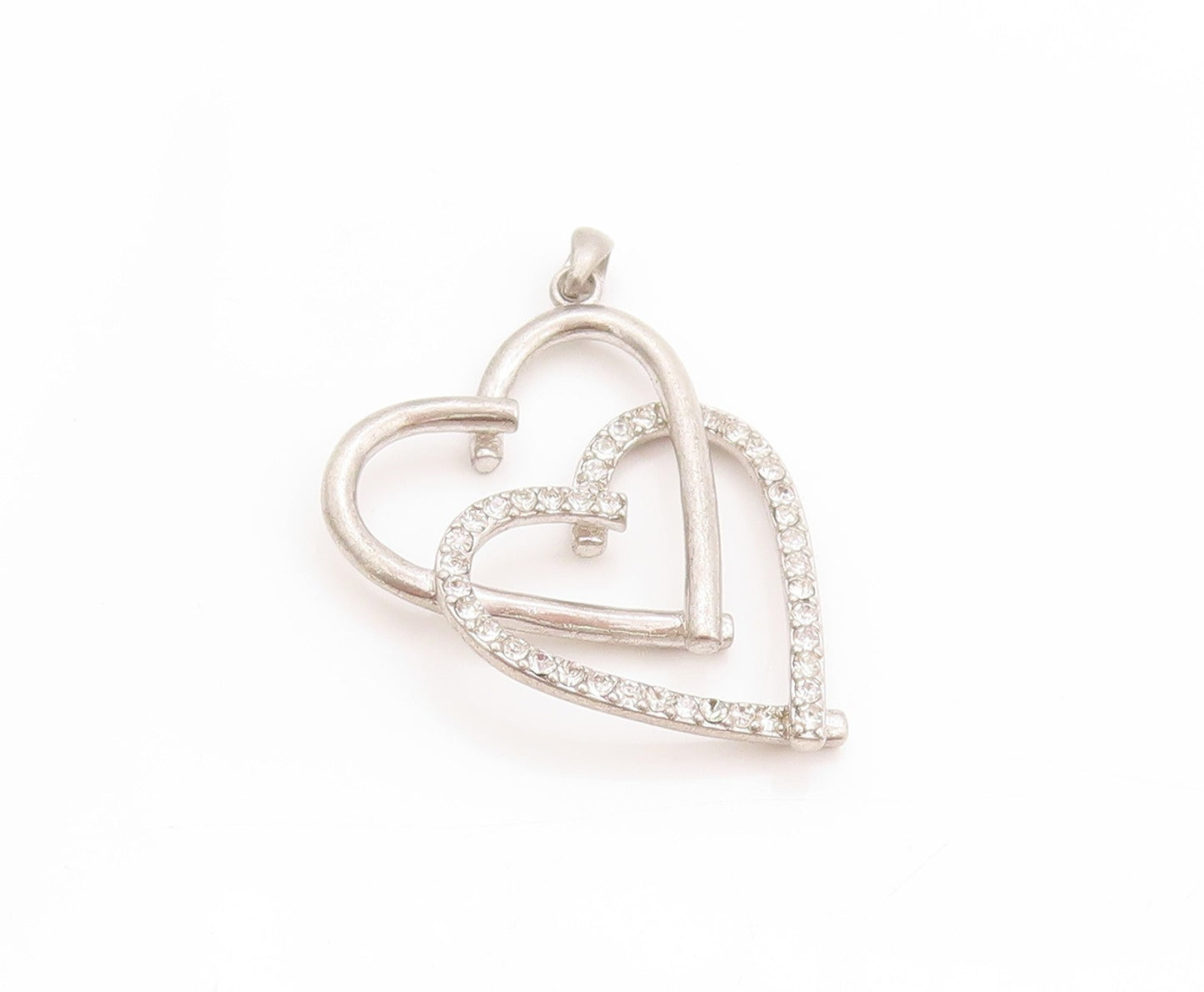 925 Sterling Silver Vintage Pendant Modernist CZ Inlay Double Hearts  PT24171
