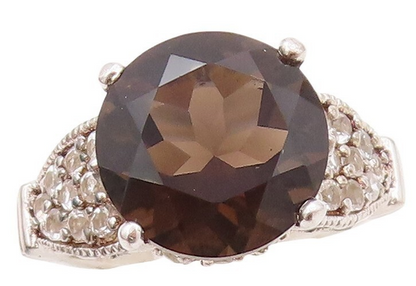 925 Sterling Silver Vintage Ring Round Smoky Quartz Carved Topaz  Sz 7  RG30185
