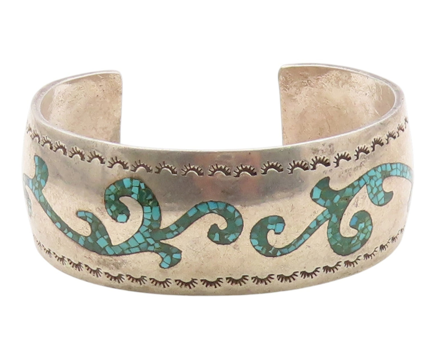 925 Sterling Silver Vintage Bracelet NAVAJO ZUNI Crushed Turquoise Cuff  BT12097