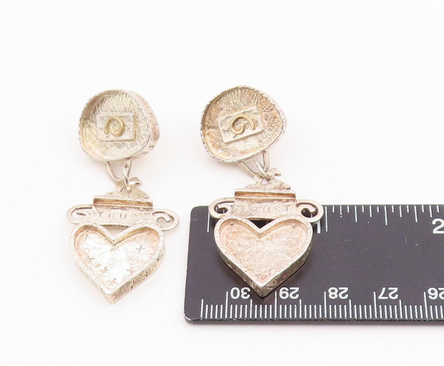 14k Gold & 925 Sterling Silver Vintage Earrings Love Heart Motif Dangle  EG14112