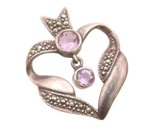 925 Sterling Silver  Vintage Amethyst & Marcasite Crown Heart Pendant  PT19972