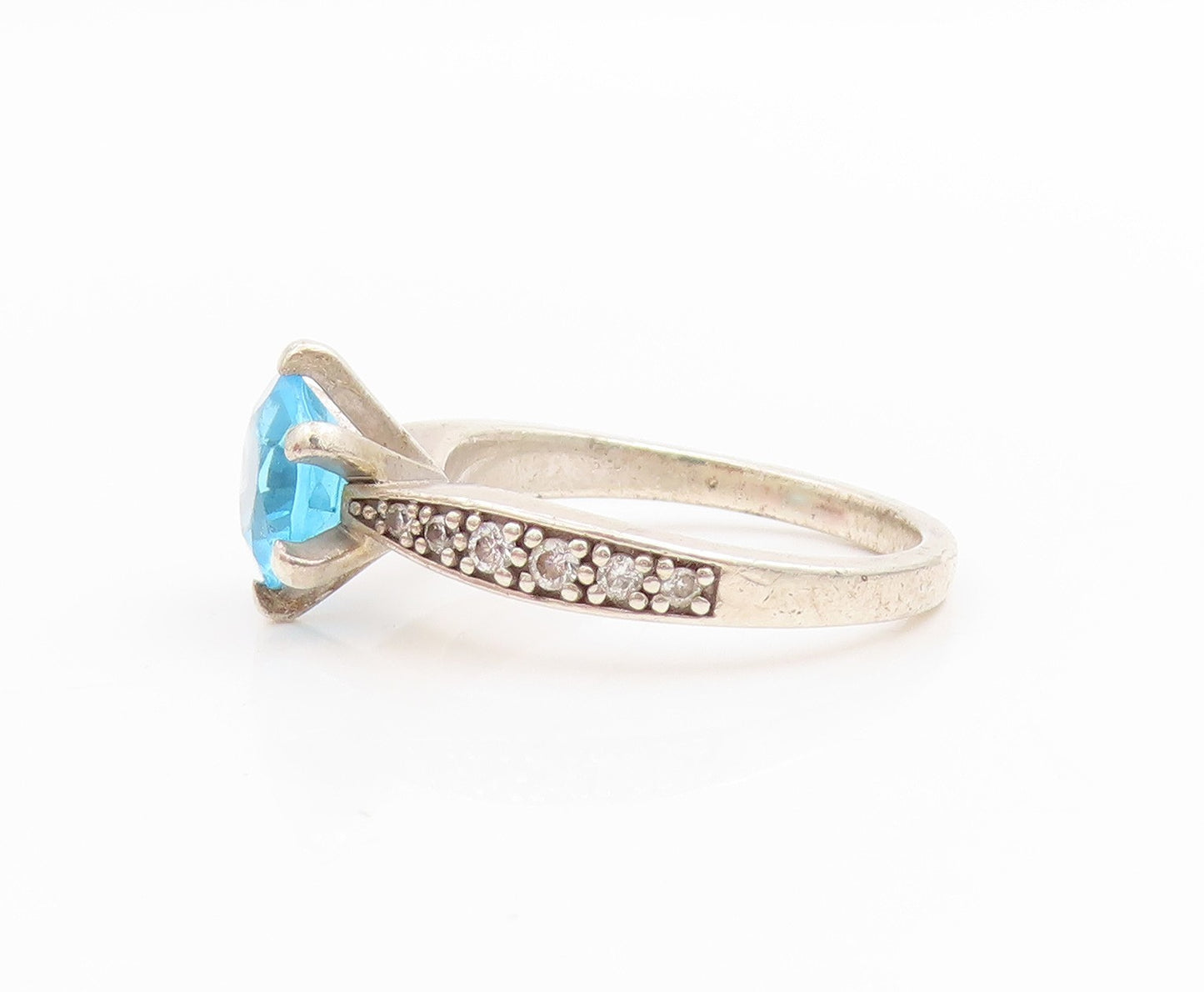 925 Sterling Silver Vintage Ring Round Cut Blue Topaz & CZ Band  Sz 8  RG33996