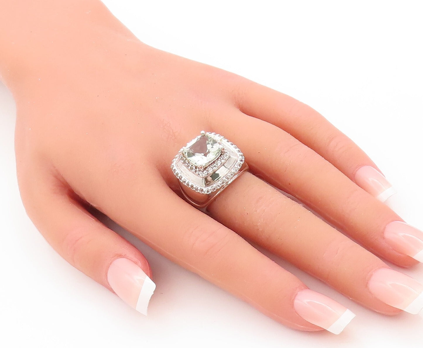 925 Sterling Silver Vintage Ring Square Cut Green Amethyst Topaz  Sz 7  RG29456