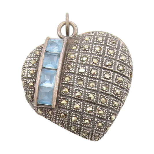 925 Sterling Silver Vintage Pendant Blue Topaz & Marcasite Heart OPENS  PT25071