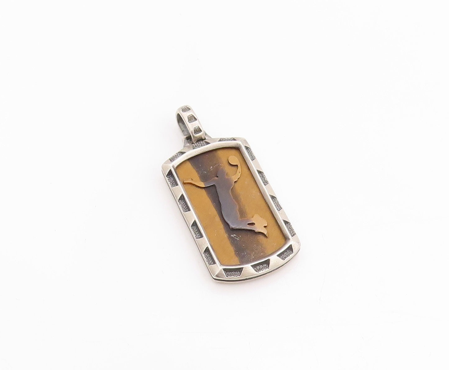 925 Sterling Silver Vintage Pendant Carved Tiger's Eye Volleyball Game  PT24939