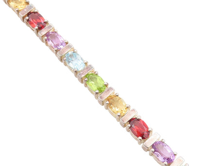 925 Sterling Silver Vintage Bracelet Oval Cut Multi Gemstone Link Chain  BT11461