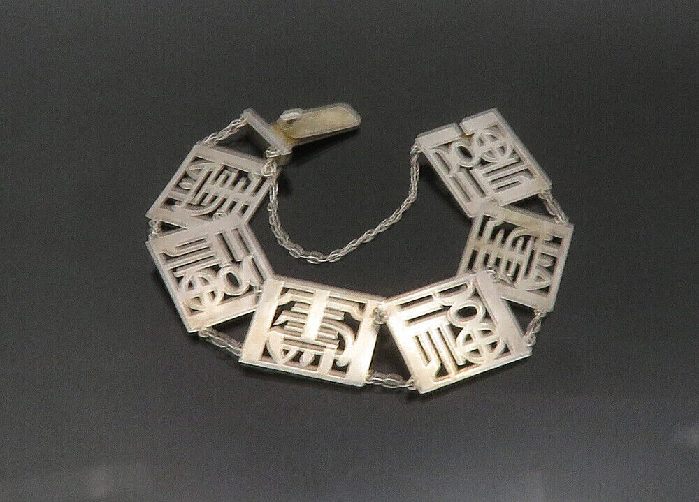 925 Sterling Silver  Vintage Shiny Cutout Square Link Chain Bracelet  BT8974