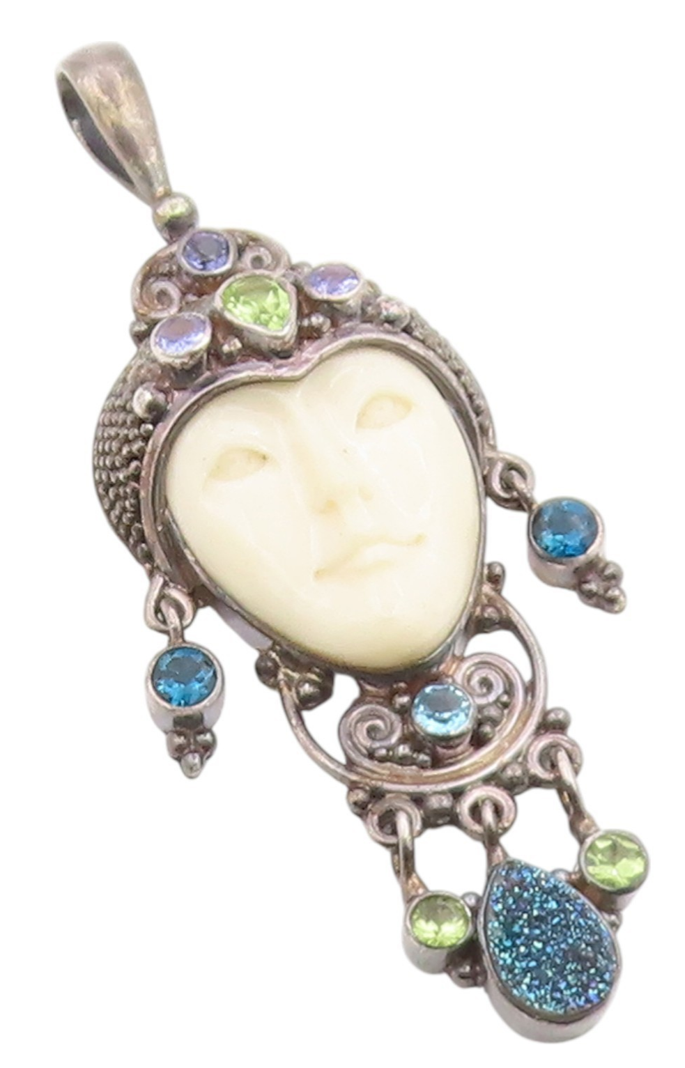 925 Sterling Silver Vintage Pendant SAJEN Multi Gemstone Bali Goddess  PT26098