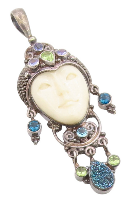 925 Sterling Silver Vintage Pendant SAJEN Multi Gemstone Bali Goddess  PT26098