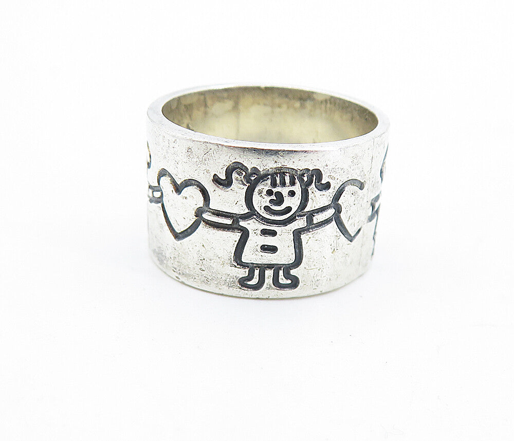 MEXICO 925 Silver  Vintage Children Holding Hands Band Ring Sz 5.5  RG6395