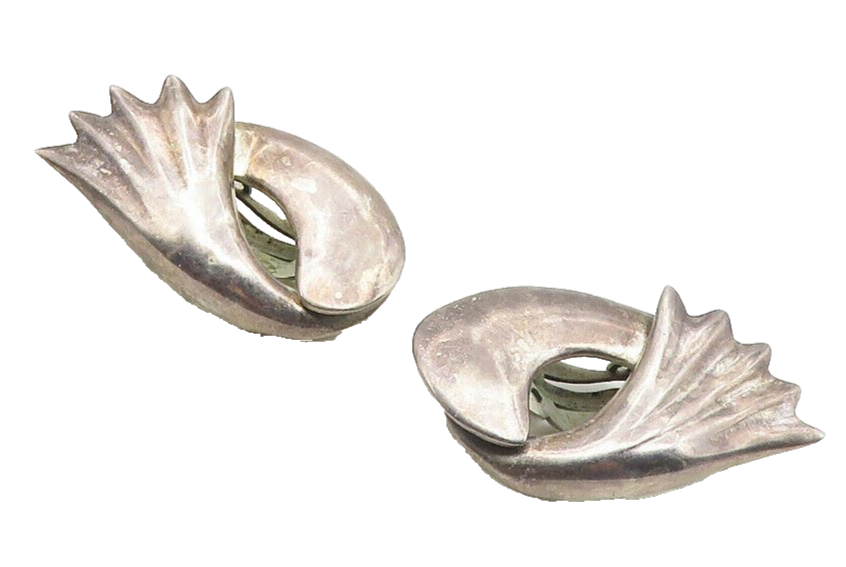 MEXICO 925 Sterling Silver  Vintage Wing Swirl Non Pierce Earrings  EG5136