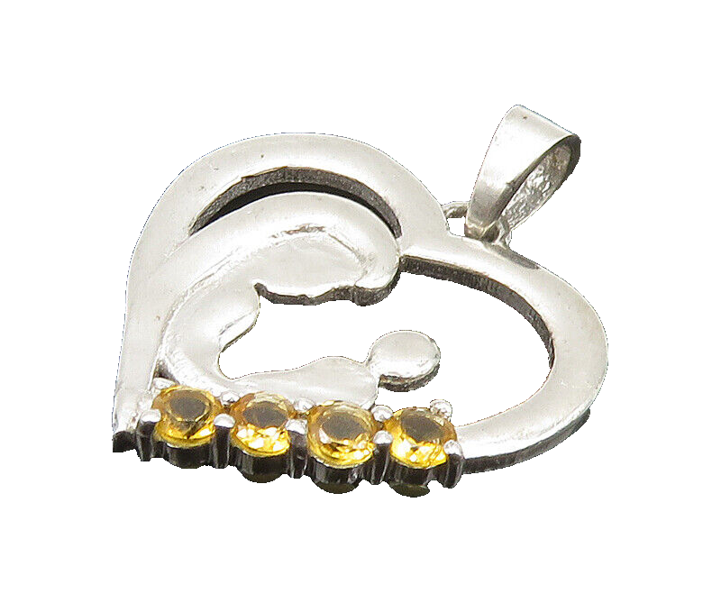 925 Sterling Silver  Vintage Citrine Shiny Mom & Baby Love Pendant  PT16047