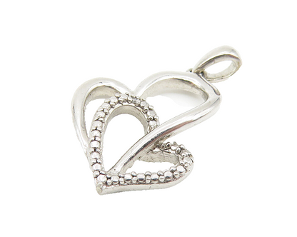 925 Sterling Silver  Petite Genuine Diamond Double Love Heart Pendant  PT8847