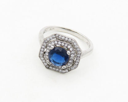 IAN GIBSON 925 Silver  Blue & White Topaz Octagon Band Ring Sz 7  RG18250