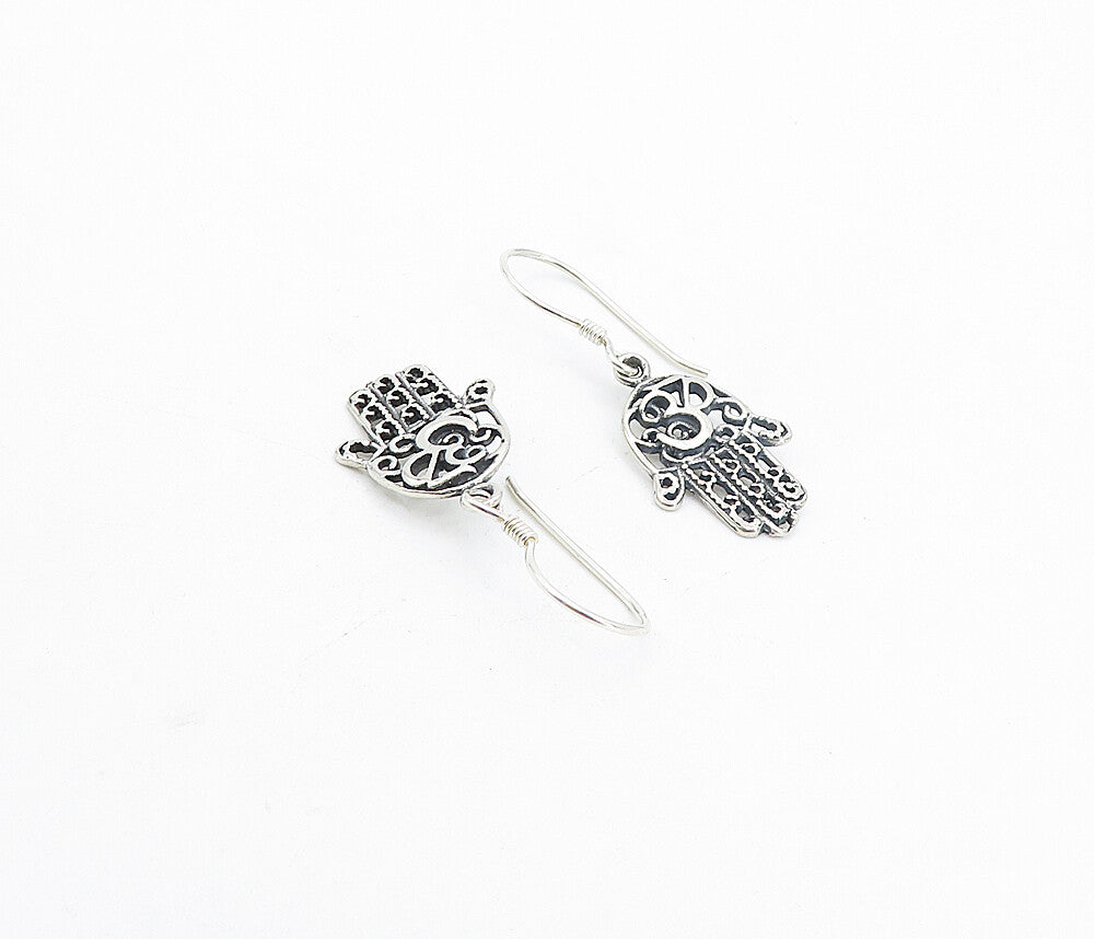 925 Sterling Silver  Vintage Om Spiritual Symbol Hamsa Dangle Earrings  EG3591