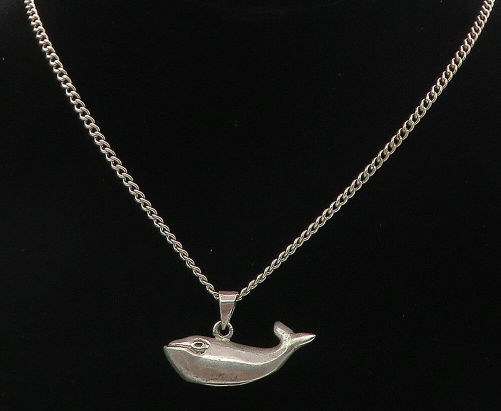 925 Sterling Silver  Vintage Hollow Whale Pendant Thin Chain Necklace  NE1441