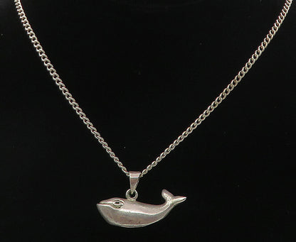 925 Sterling Silver  Vintage Hollow Whale Pendant Thin Chain Necklace  NE1441