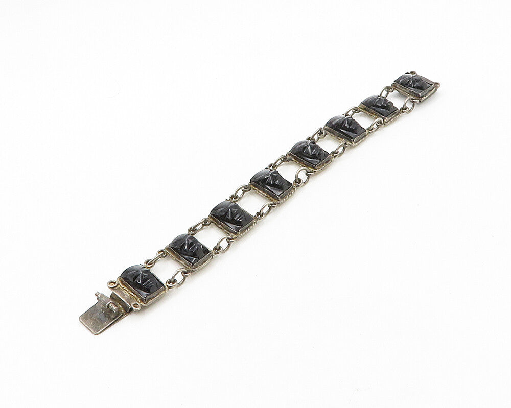 MEXICO 925 Sterling Silver Vintage Face Carved Black Onyx Chain Bracelet  BT7704