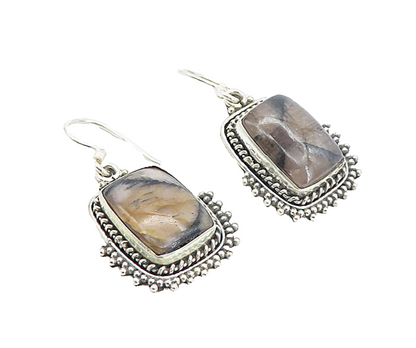 925 Sterling Silver  Vintage Agate Shiny Twist Border Dangle Earrings  EG3782