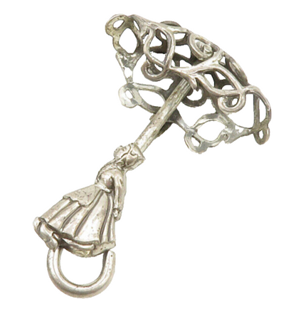 925 Sterling Silver  Vintage Shiny Woman & Swirl Umbrella Brooch Pin  BP5200