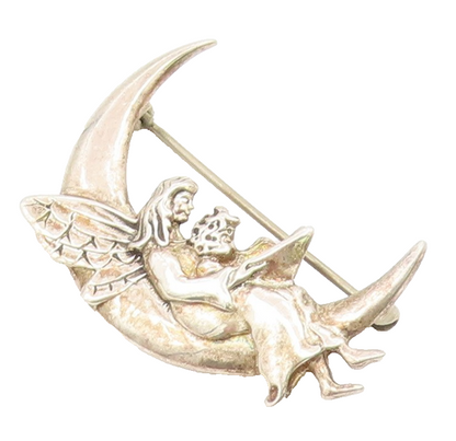 JEZ 925 Silver  Vintage Crescent Moon Fairy Lady Reading Brooch Pin  BP8207
