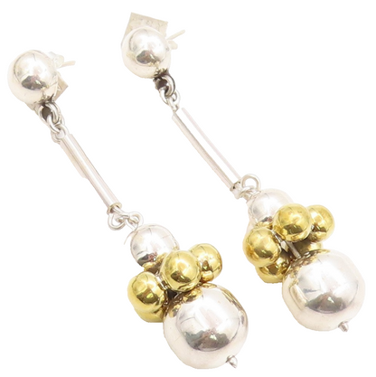 925 Sterling Silver Vintage Earrings MEXICO Drop Gold & Silver Beads EG13582