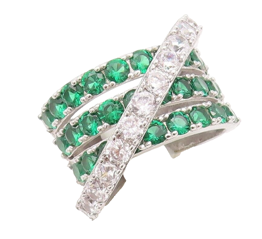 925 Sterling Silver Vintage Ring Designer Green & White CZ Bands  Sz 7  RG29593