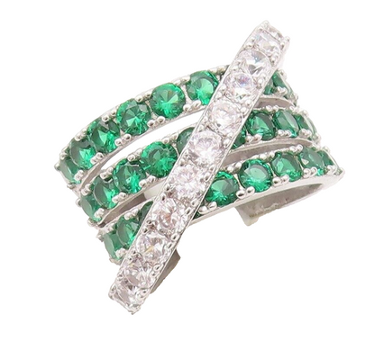 925 Sterling Silver Vintage Ring Designer Green & White CZ Bands  Sz 7  RG29593